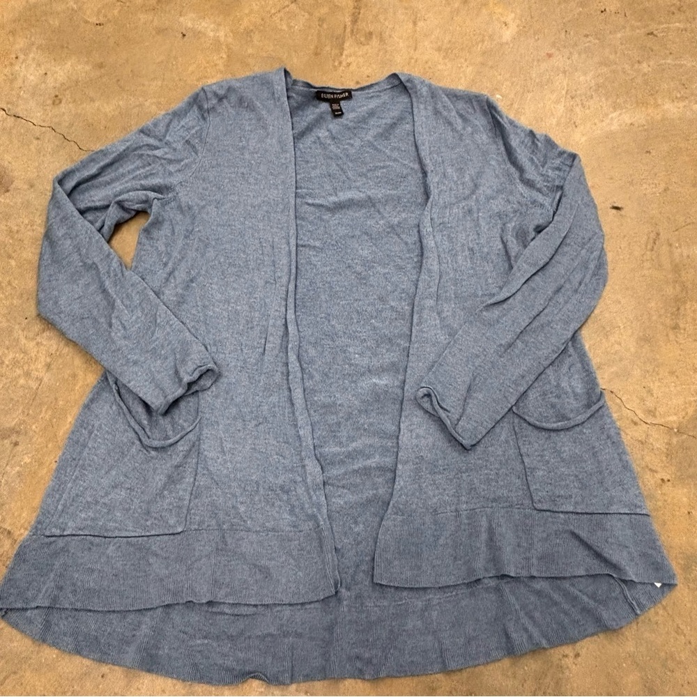 Eileen Fisher Blue Tencel Merino Wool Open Front Cardigan Sweater Womens Medium